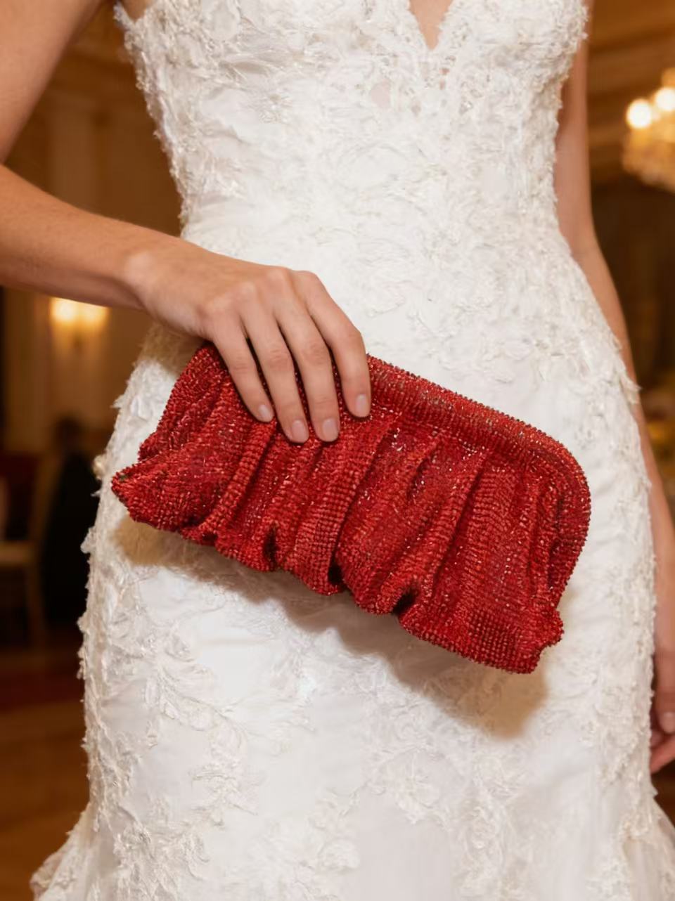 Clutch Bag Evening - Kırmızı Alüminyum Fileli Yapay Elmas Pileli