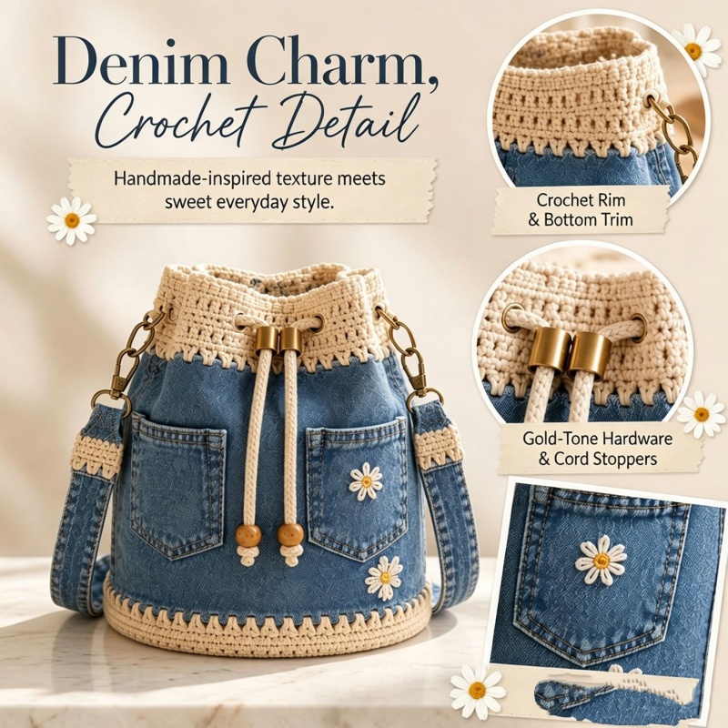 Crochet Market Bag - Denim Tığ Işi Kova Çanta El