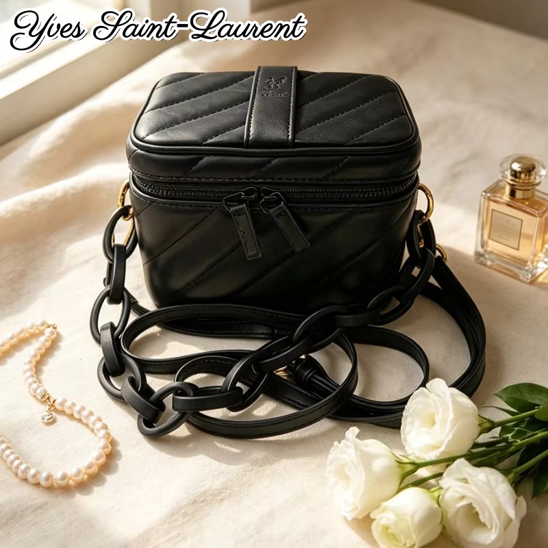 Women'S Ysl Bags Crossbody - YSL Siyah Chevron Deri Kare Makyaj