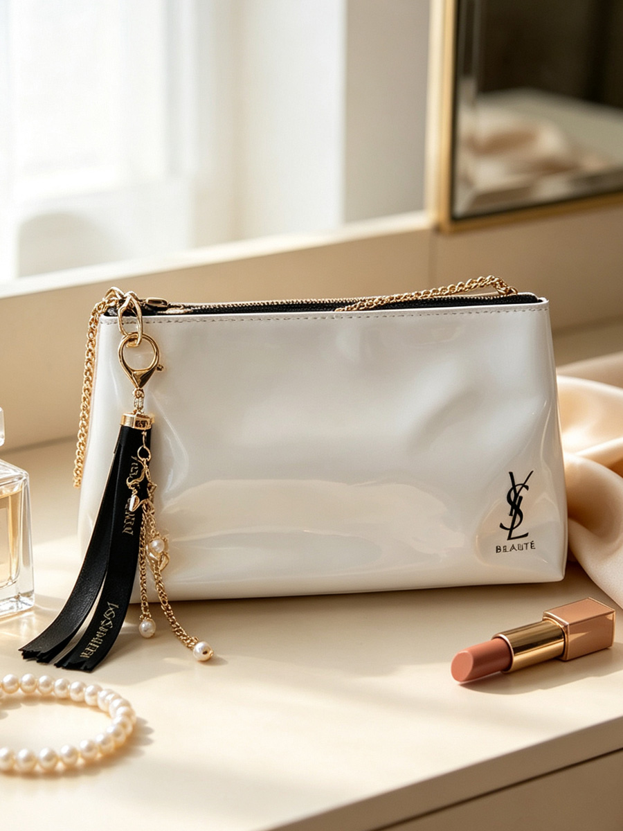 Women'S Ysl Bags Crossbody - YSL Beyaz Parlak Fermuarlı Makyaj Çantası